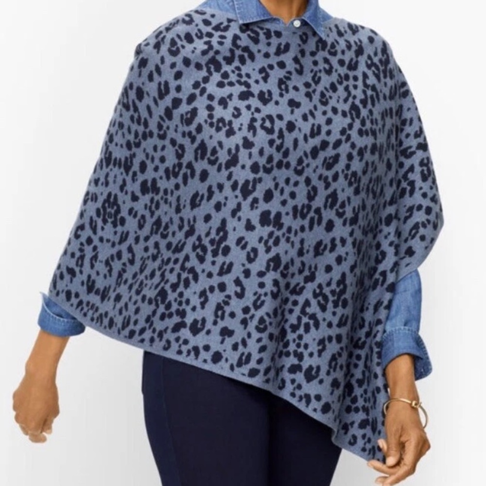 Talbots navy chambray blue knit leopard poncho M/L